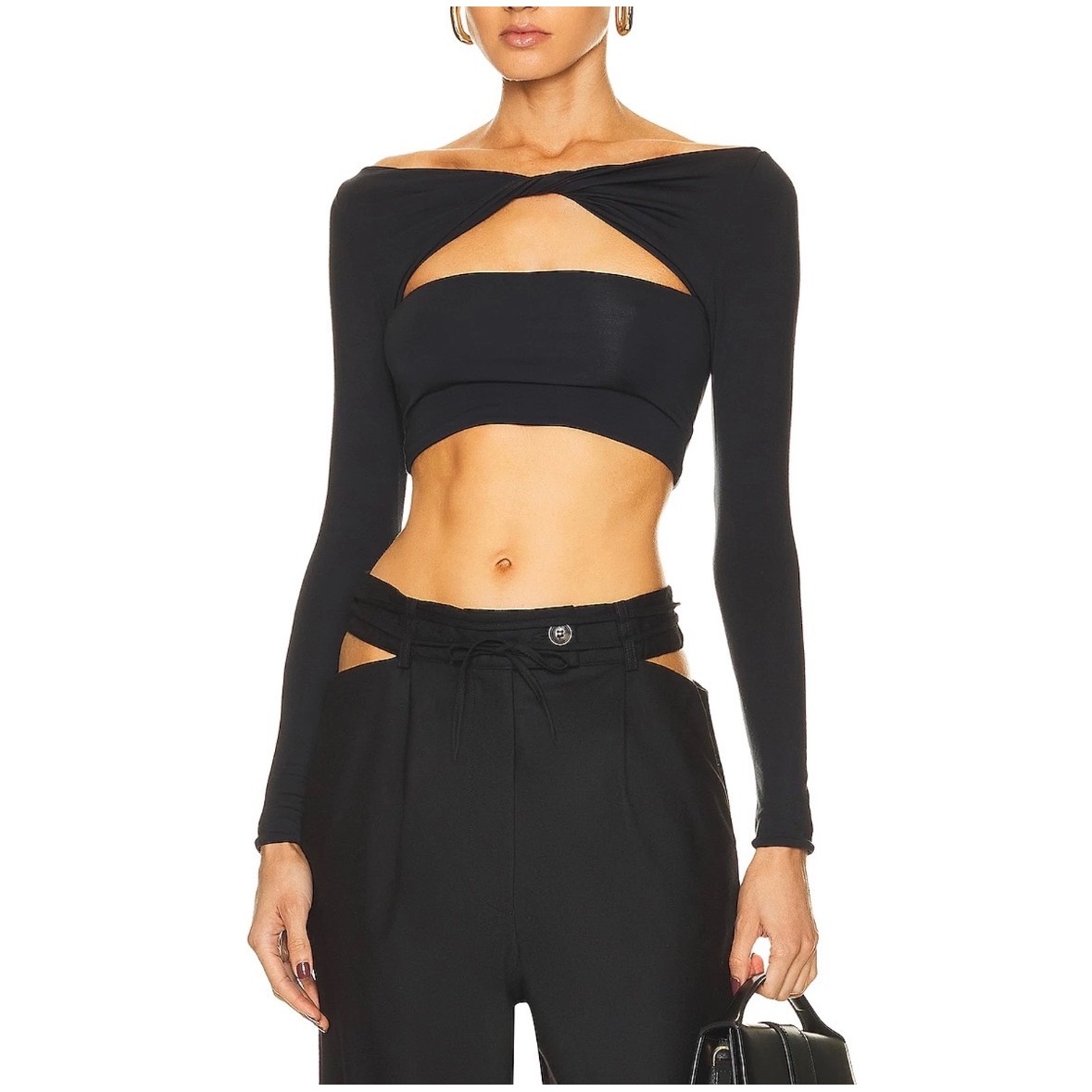 Ser.O.Ya Black Ellis Twist Front Cutout Long Sleeve Crop Top Womens Medium